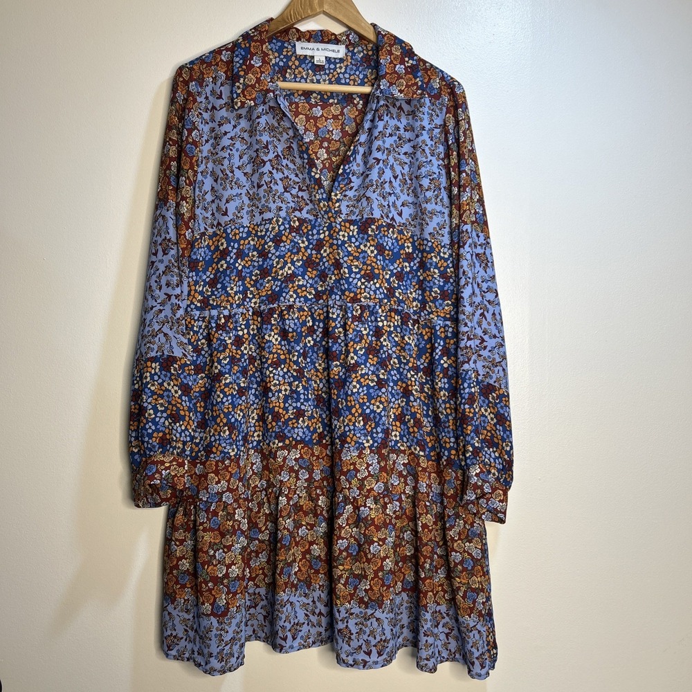 Emma & Michele Women's Long Sleeve Patchwork Button Front Babydoll Dress Large